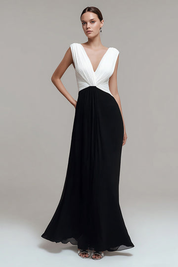 A-Line Ruched V-Neck Black and white Formal Dress